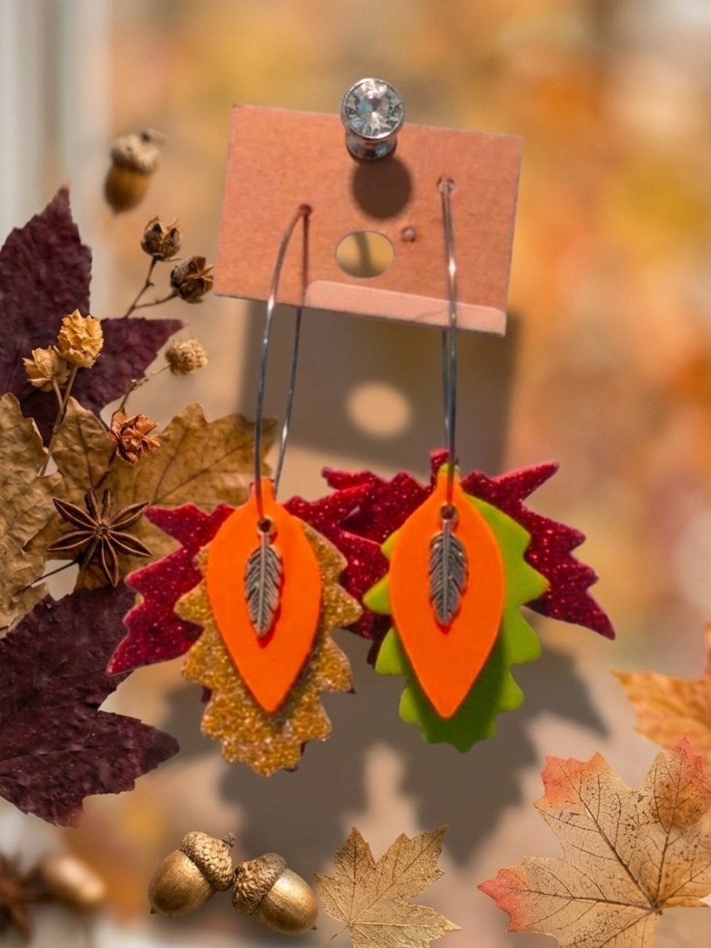 Hand Crafted Layered Leaf Earrings in Orange, Green & Gold